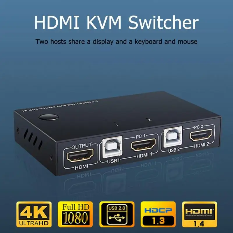 USB HDMI KVM Switch Box 4K 30Hz/60Hz Video Display Switcher 2 PC Sharing Keyboard Mouse Printer Spl