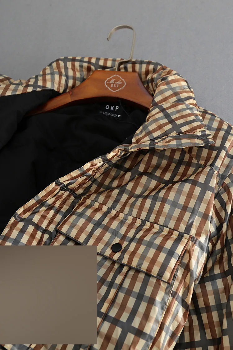 

Lj20 Loose-Fit Plaid Coat Harajuku Workwear Stereo Pocket Stand Collar Warm Short down Coat