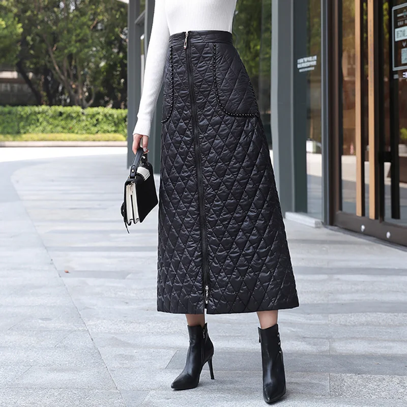 4XL размера плюс вниз хлопок макси юбки для женщин эластичный пояс молния зима