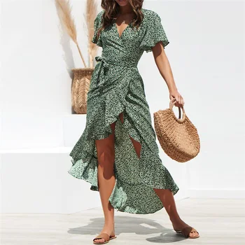 

Chiffon Women Ruffles Daisy Print Long Dress Boho Irregular Lace Up Big Swing Dot Dresses 2020 Sexy Summer V-Neck High Waist