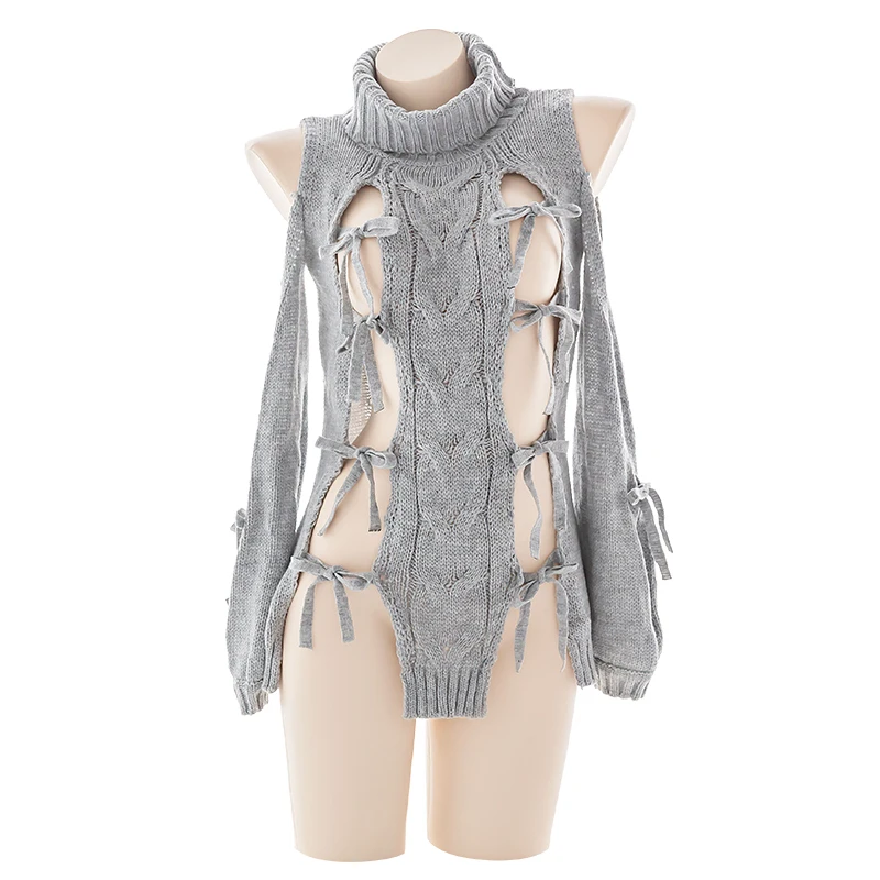 OMCHION Hollow Out Lace-up Knitted Sweater Japanese Virgin Killer off shoulder Backless Turtleneck Cosplay Pullover | Женская одежда