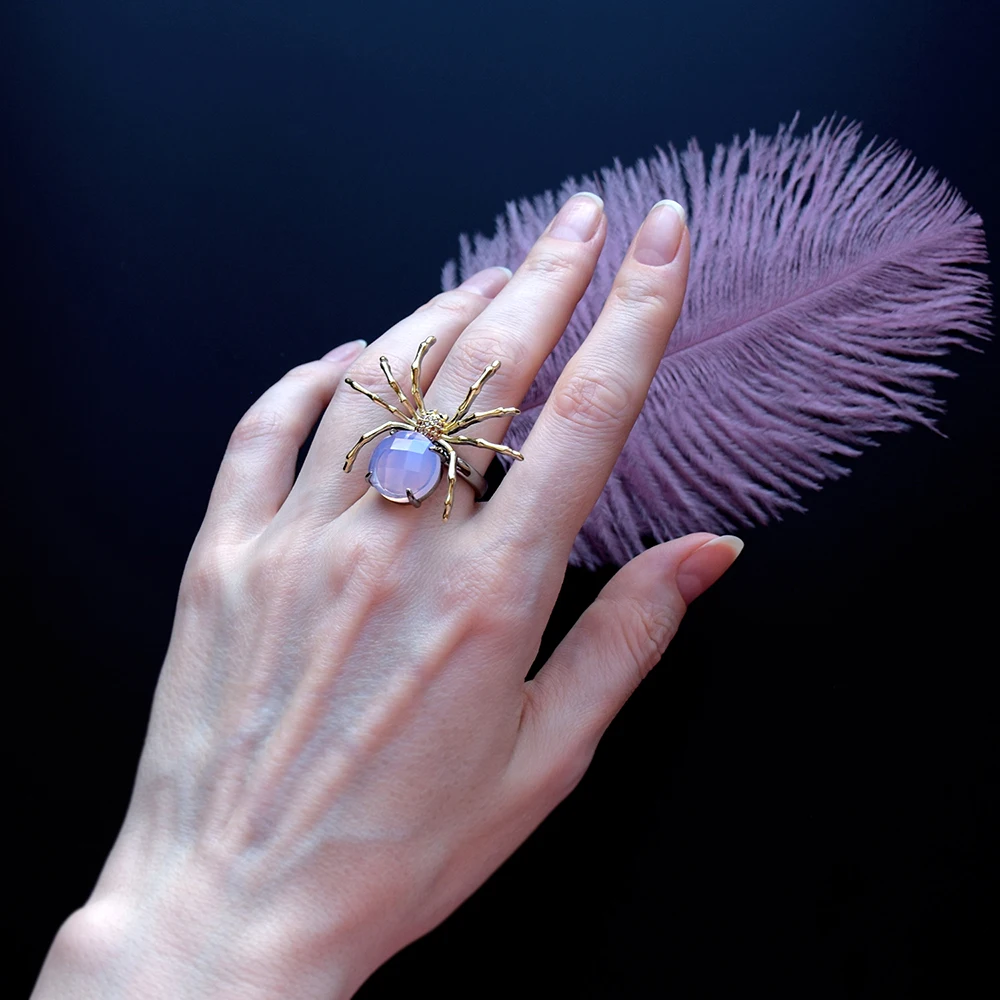 Christmas Gift New Lovely Spider Ring Pink Crystal Jewellery Gold color Female Cool Cute Animal Rings for party