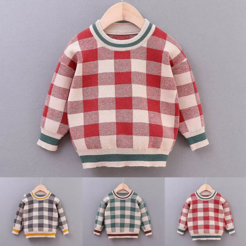

1-6Y Autumn Kid Baby Boy Crew Neck Sweater Long Sleeve Plaid Warm Pullover Tops