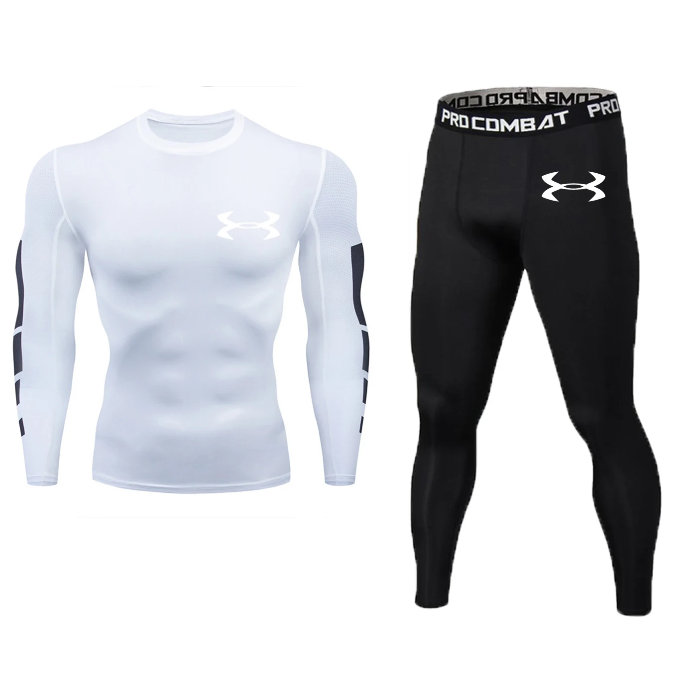 Мужской комплект для фитнеса, чистый черный компрессионный топ+ леггинсы, нижнее белье, Кроссфит, длинный рукав+ футболка с коротким рукавом, набор одежды