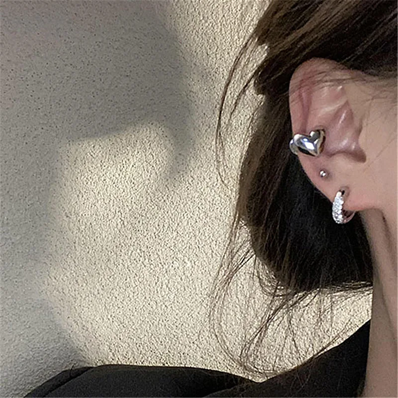 New Korean Silver Color Love Heart Clip on Earrings for Women Simple No Piercing Ear Cuff Wedding Aesthetic Jewelry 1 PC ear clip earrings clip earrings ear clip