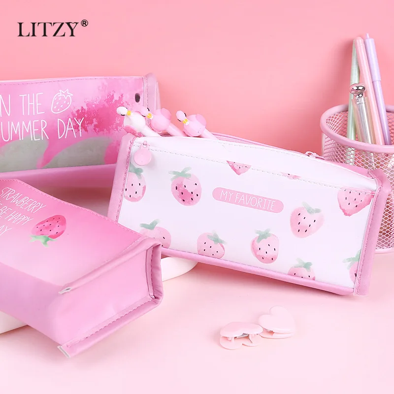 Kawaii PU большой чехол для карандашей клубника студенческий подарок школьная