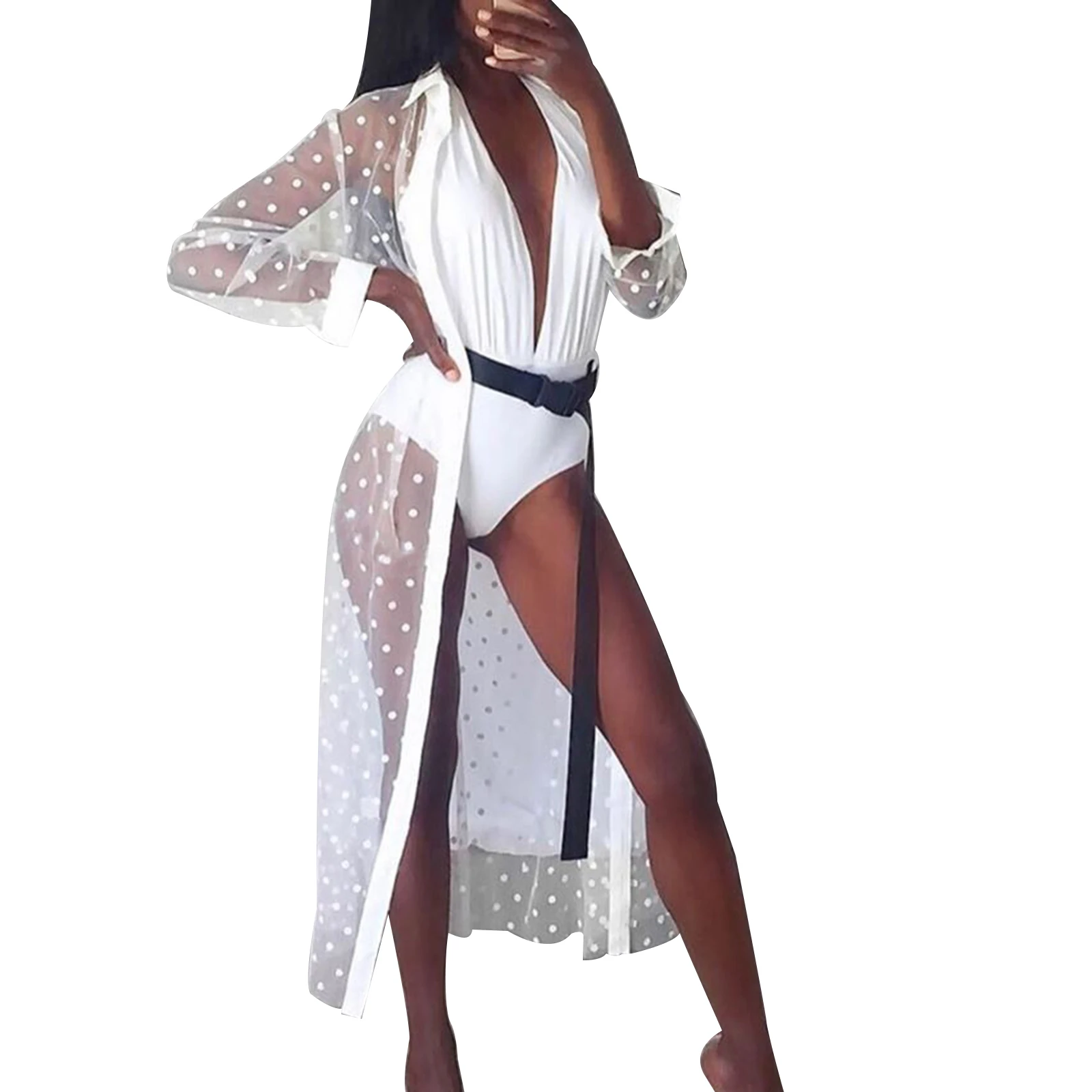 Beach Cover Women Crochet White Knitted Beach Cover Up Dress Polka Dot Swimsuit Cover Up Long Sleeve Tunic Dress Robe Bikinis Ups