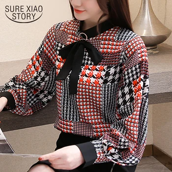 

Fashion women blouses 2019 new long sleeve plus size print chiffon blouse shirt bow collar women tops office work blouse 2710 50
