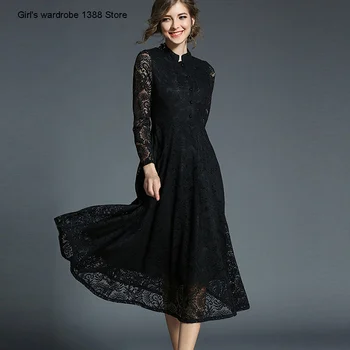 

2020 new temperament Slim small stand collar long sleeve solid color hollowed out women's medium length stitched lace dress