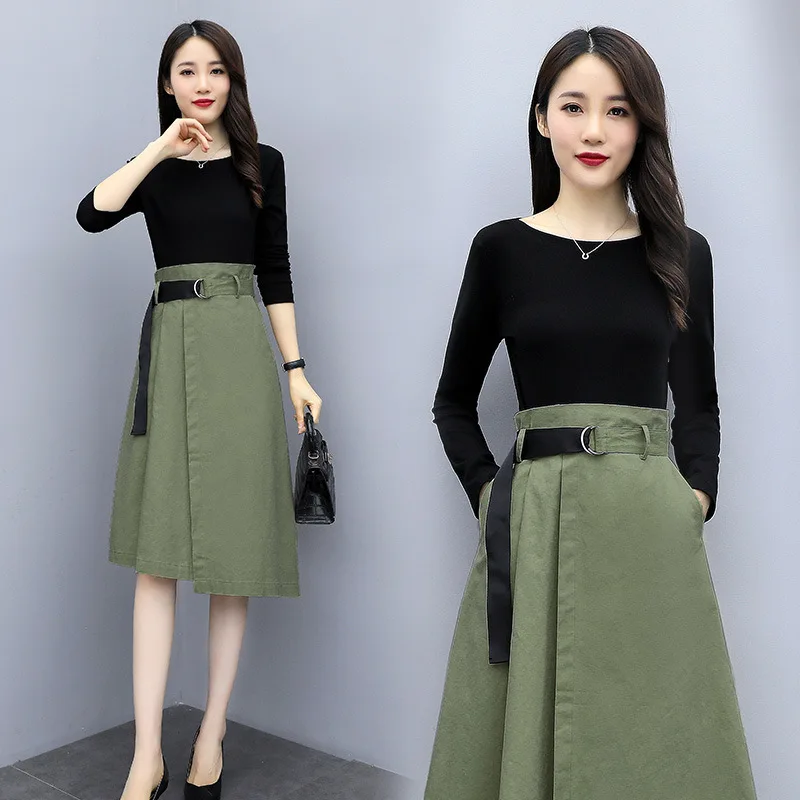 

2019 Autumn Clothing New Style Korean-style Elegant Mock Two-Piece Long Sleeve Casual Dress Women's Western Style Versatile Knit