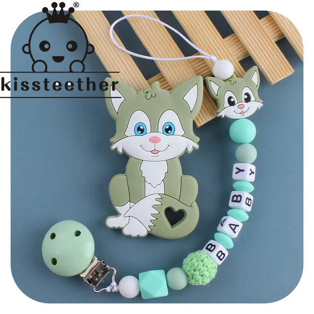 Kissteether Personalized Name Handmade Pacifier Clips Holder Chain Silicone Pacifier Chains Set Civet Cat Baby Teether Chain Green