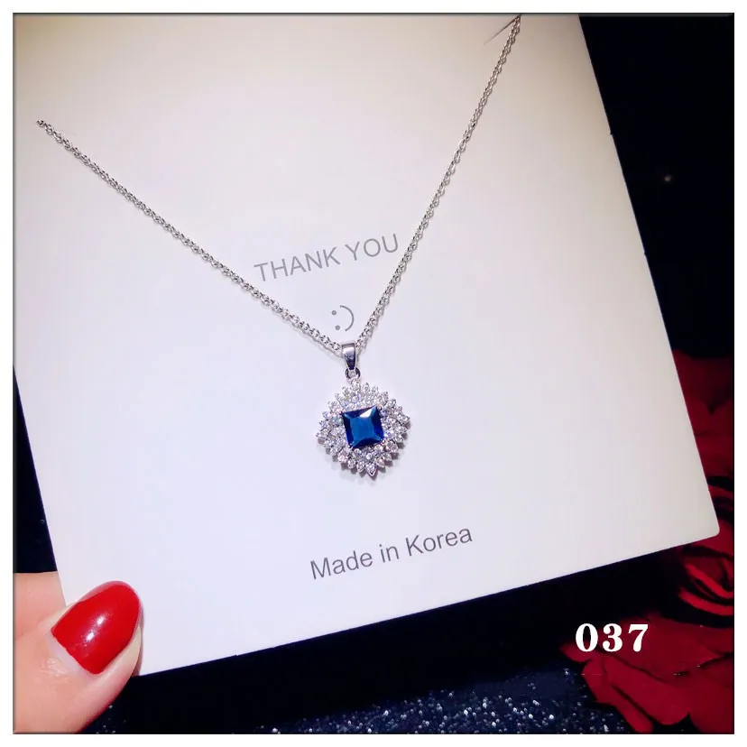 S925 Стерлинговое Серебро, ожерелье, подвески для женщин, сапфир, драгоценный камень, цепочка для ключицы, хорошее ювелирное изделие, простая подвеска, голубой цвет, бижутерия - Цвет камня: 037