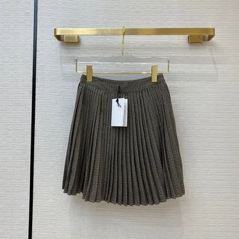 

100% Wool Preppy Style Mini Skirt Women Vintage High Waisted All-match Plaid Pleated Skirts Top Quality Zipper Thin Short Skirts
