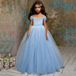 Blue Tulle Flower Girls' Dresses For Wedding Ruffles Kids Formal Wear Sleeveless Long Girl's Pageant Gown
