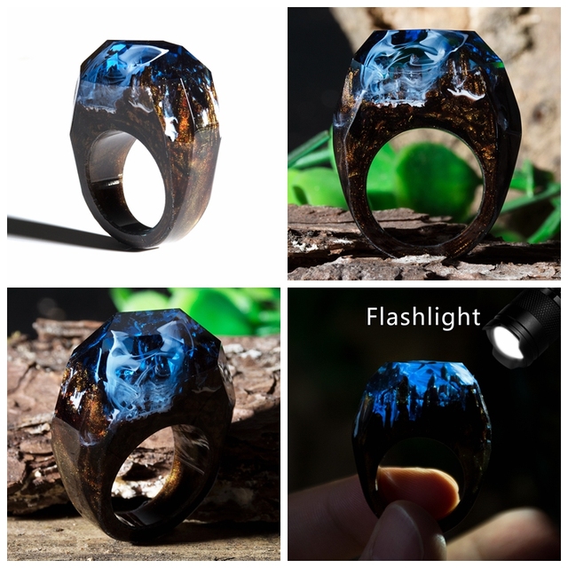 Fashion Wood Resin Ring Female Forest Handmade Rainbow Star Secret Sky Micro Landscape Wooden Ring High Quality Jewelry