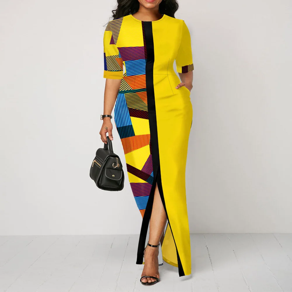 

Europe America Dress Spring Summer Fashion Temperament Commute Sleeve Round Neck Contrast High Waist Split Slim Woman's Clothing