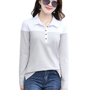 

Patchwork Simple Turn-down Collar Temperament OL long sleeve women t shirt High Quality Basic Shirts women clothes 2019