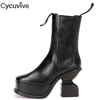 

Runway Strange Heel Chelsea Ankle Boots For Women Platform Square Toe Short Boots Winter Desinger High Heel Shoes Martain Boots