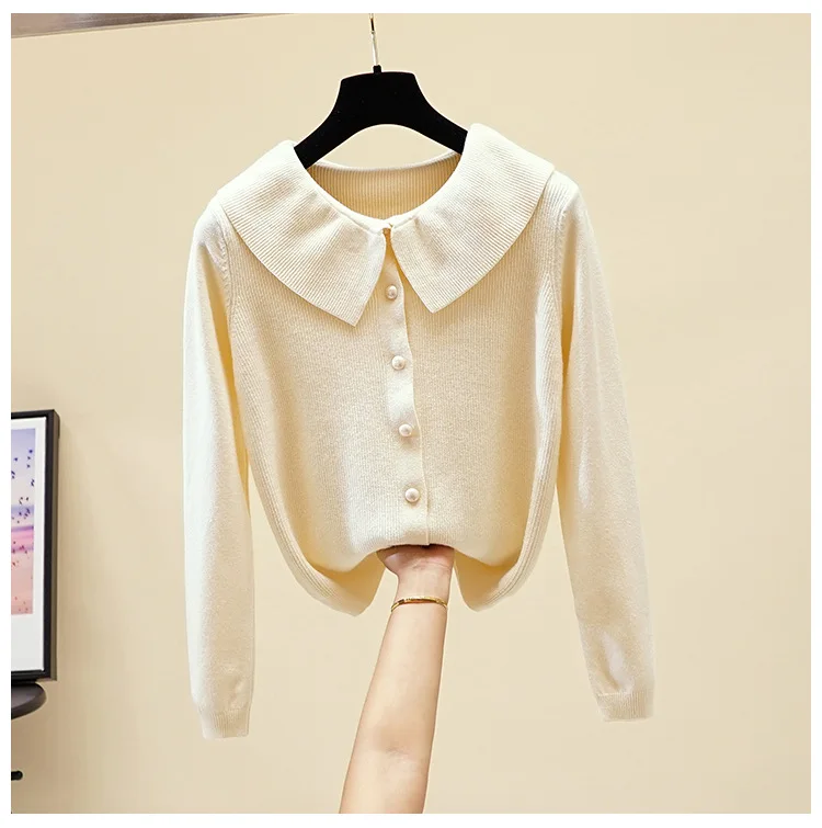 Apricot Однотонный женский вязаный кардиган, пальто, весна-осень, повседневный короткий вязаный свитер с длинным рукавом, Женский Топ - Цвет: Apricot
