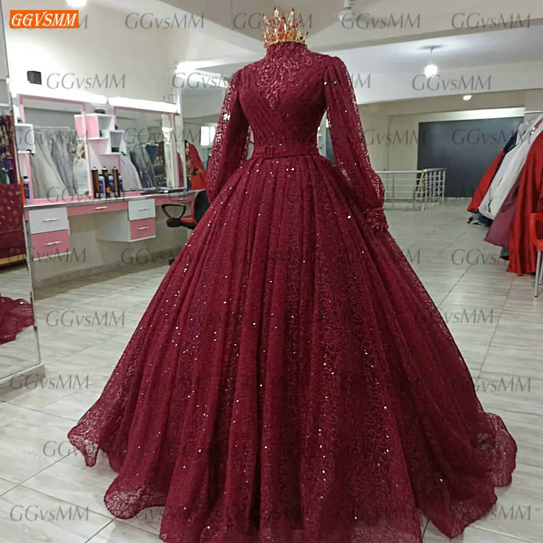 evening wear for women Real Photos Evening Dresses For Women Long Sleeves vestido de noiva 2021 High Neck Ball Gown Party Dress Arabian robe de soirée ball gown for women