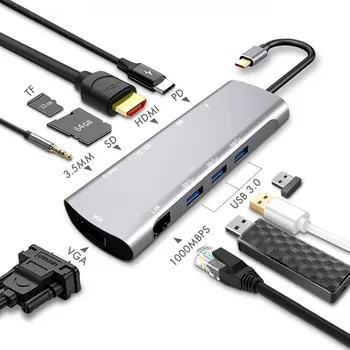 

ET 10 in 1 Docking Station USB C Hub Adapter 9 Ports for MacBook MateBook Type C to USB3.0*3+TF/SD+HDMI+VAG+PD+LAN+Audio Hole
