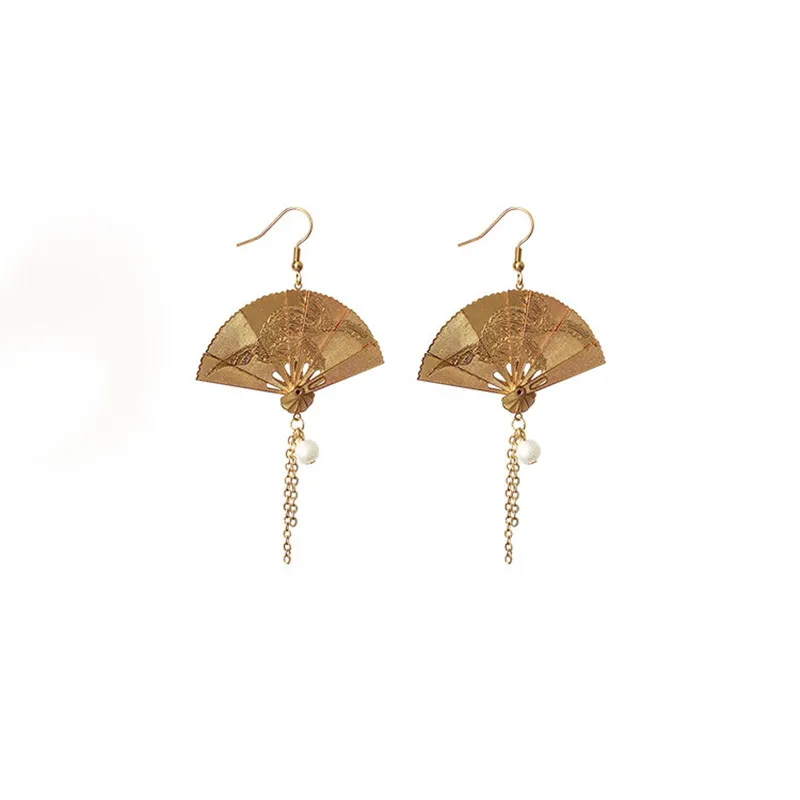 Vintage Style Folding Metal Fan Modelling Korean Long Tassels Dangle Earrings Women Drop Earrings