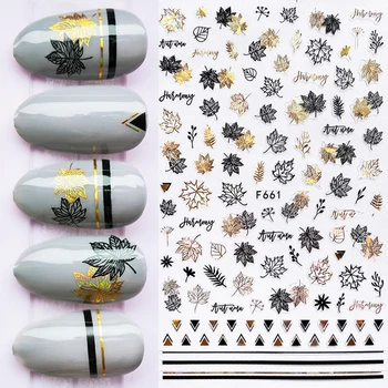 

1 Sheet Gold Black Autumn Leaves 3D Nail Stickers Holographics Geometric Slider Nail Art Adhesive Decorations