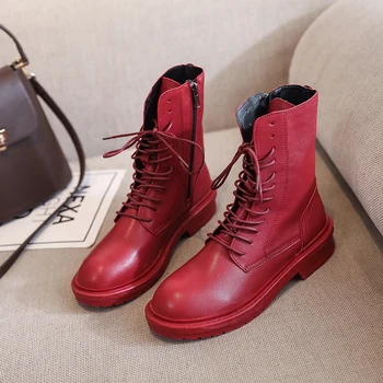 

Women Red Ankle Boots 2020 Fashion Round Toe Black Leather Short Boots Gothic Shoes Autumn Women Sexy Lace up White Combat Boots