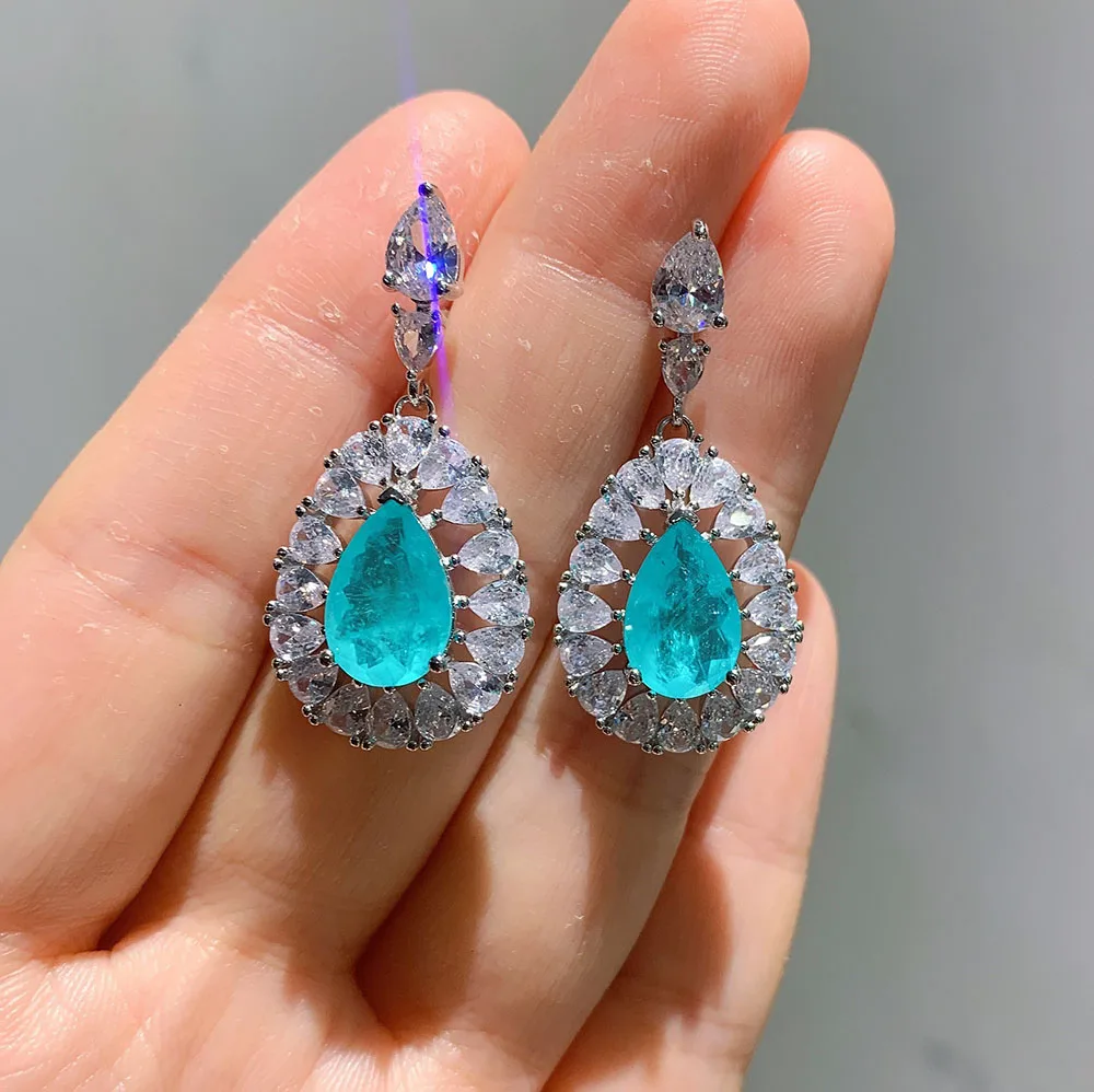 

2020 Trend Vintage Created Moissanita Paraiba Tourmaline Emerald Drop Dangle Earrings 100% 925 Silver Fine Jewelry for Women
