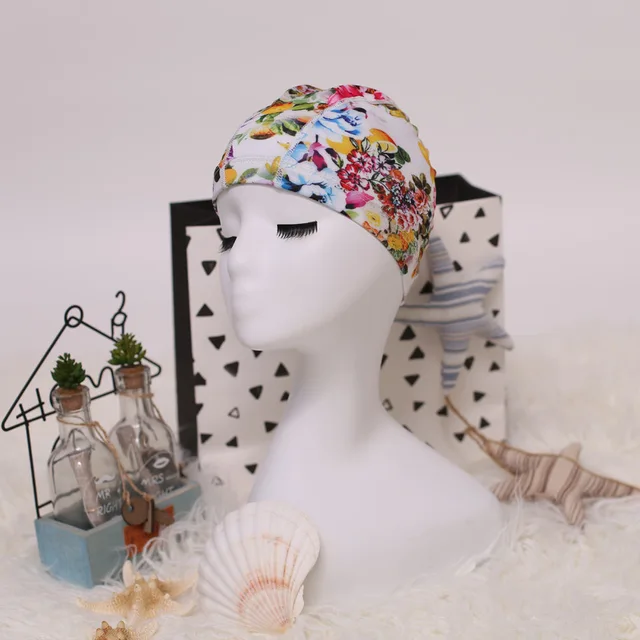 Flower Print Fabric Swimming Cap Swiming Pool Protect Long Hair Ears Hat Swim Bathing Hats Caps for Women Men Adults Ladies Hat 18