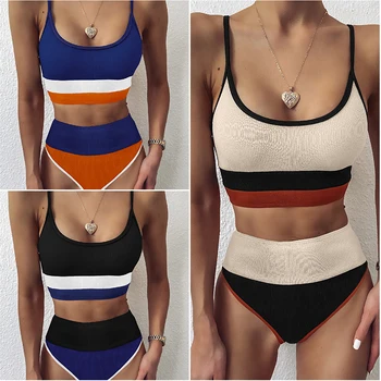 

Bikini 2020 Maillot De Bain Femme Split Swimwear Pit Stripe Panel Sexy High Waist Bikini Swimming Suit Bandana Women Wire Free