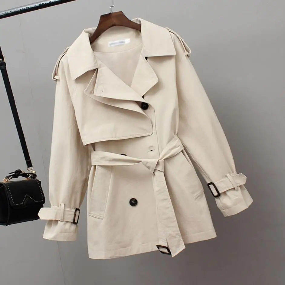 

2020 Women Short Trench Spring Windbreaker Coats Casual Loose Safari Clothes Fashion Stand Collar Drawstring Female Trench Coat