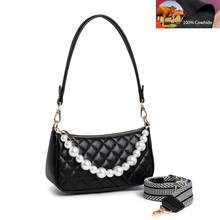 

Half-Moon Underarm Women's Shoulder Bag Genuine Leather Messenger Bag Interchangeable Straps Bracelet With Pearls Crossbody Bag