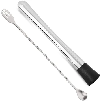 

10 Inch Stainless Steel Cocktail Muddler and Mixing Spoon Home Bar Tool Set Muddler Bar Tool Set for Making Cocktails