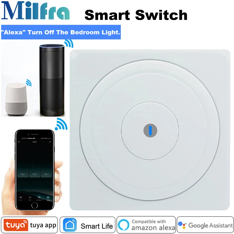 

Milfra Smart Switch Wifi Neutral Wire Required Smart Light Switch EU 86mm Wall Switch for Google Assistant Alexa Tuya Smart Life