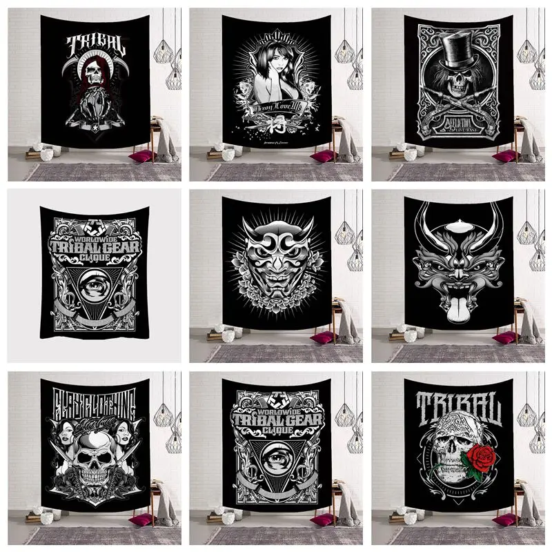 

3D Black And White Printed Skull Head Tapestry Microfiber Dark Style Home Wall Decoration Rectangular Decorative Tapestrys