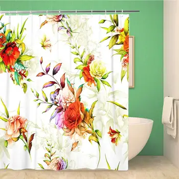 

Bathroom Shower Curtain Colorful Floral Pattern Rose Pomegranate Rosemary Leaves on Pastel Polyester Fabric 60x72 inches