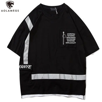 

Aolamegs T shirt Men Reflective Stripe Zipper Letter Print Tee Shirt Cozy Casual T Shirt Harajuku High Street Hipster Streetwear