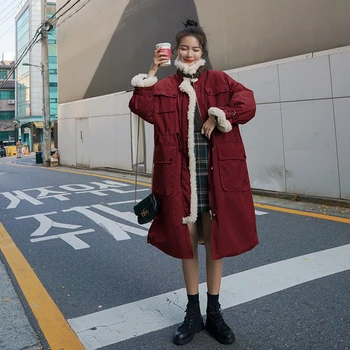 

2020 Winter Lamb Fur Collar Long Cotton Women's Parka Coat Red Blue Thick Warm Casual Fashion High-quality Women's Puffer Coat