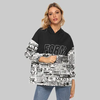 

Autumn Hooded Sweatshirts Drawstring Newspaper Printing Stitching Women Clothes Long Sleeve Pullovers Women Tops TJR616