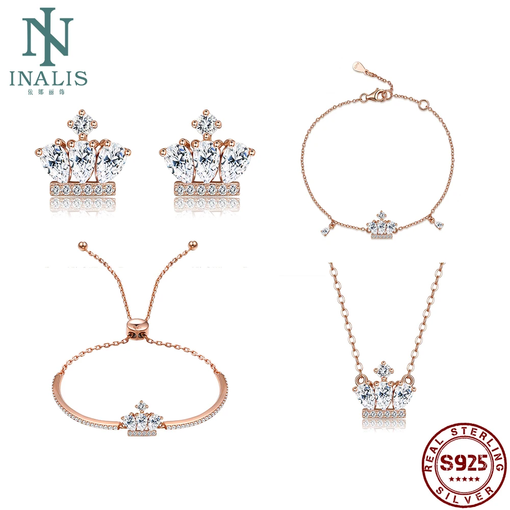 

INALIS Classic Crown Shape Pendant Jewelry Sets With Zirconia For Women Unisex Necklaces Earrings Bracelets Sets 2020 Hot Sale