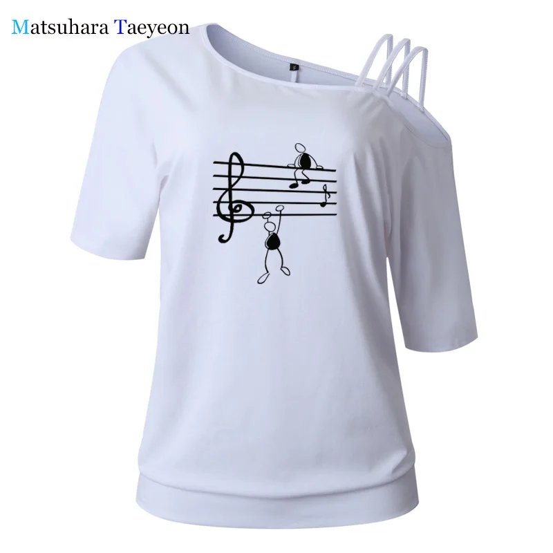 

Music Notes Printed TShirt Women Sling Shoulder cotton Short Sleeve Tshirts Harajuku teeshirt Girl casual loose tops summer 2020