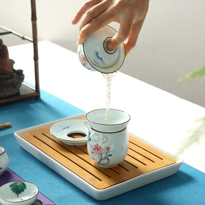 

Qi Xuan Source Hand-Painted Tea Set Tea Bowl Celadon Hand-Painted Tureen Tea Cup New Style Tureen Can Add Logo