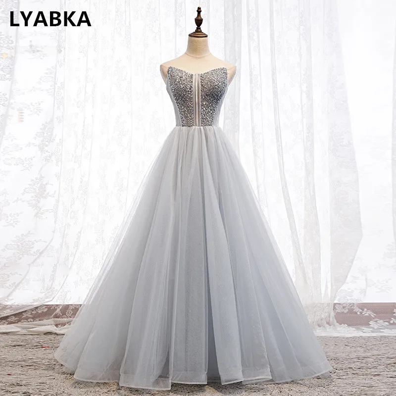 Сексуальное вечернее платье с v-образным вырезом, Robe De Soiree, высокое качество, Серый Тюль с бисером, вечерние платья, длинное платье, vestido de festa