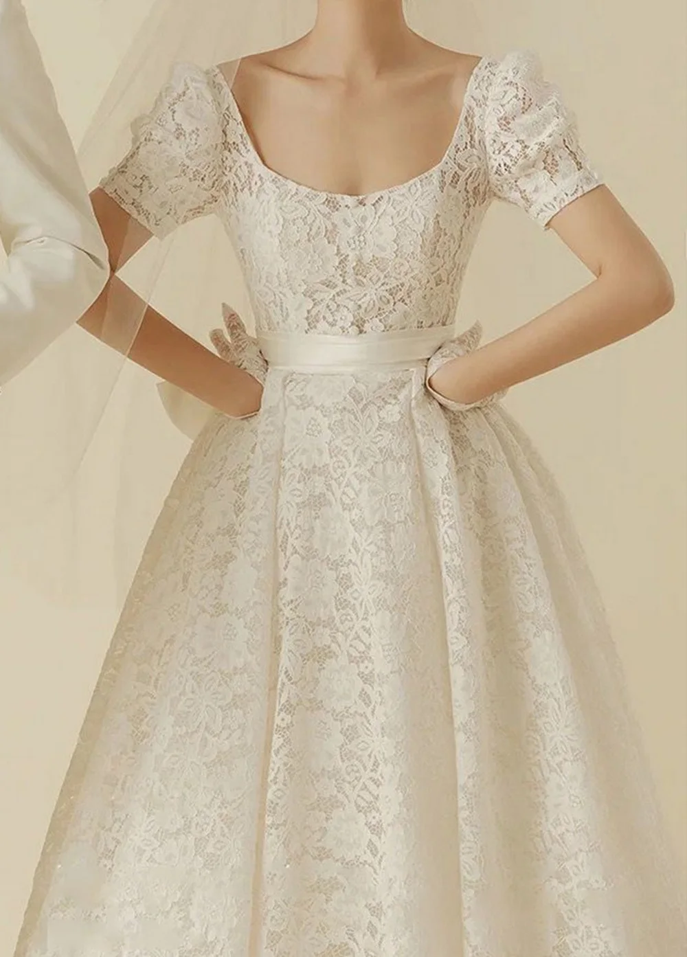 

Elegant Korea Square Neck Wedding Dress A-Line Bride Gown Puffy Sleeve 웨딩드레스 Lace Simple Vestidos De Novia robe mariée With Bow