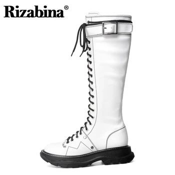 

Rizabina Women Knee High Boots Round Toe Thick Bottom Cross Strap Buckle Decoration Punk Style Shoes Female Footwear Size 34-39