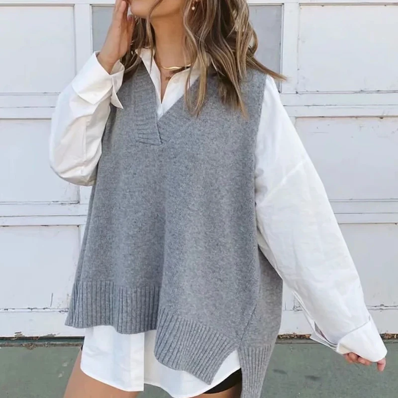 

Autumn Irregural V Neck Knitted Vest Sweater Women Gray Sleeveless Pullover Tops Female Split Hem Casual Loose Sweatshirt Tops