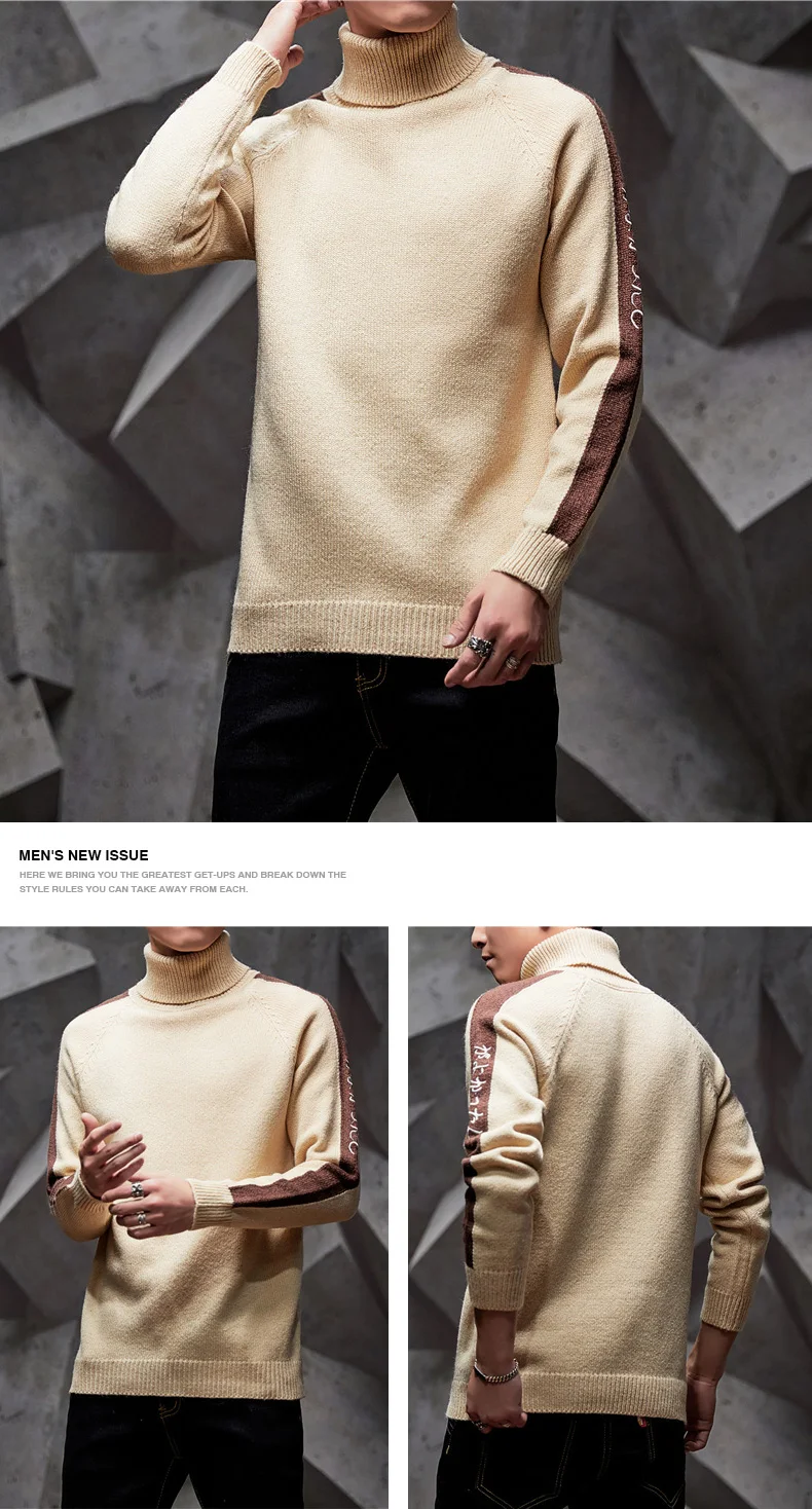 Autumn Winter Mens Sweater Patchwork Embroidery Male Sweaters Turtleneck Keep Warm Comfortable Long Sleeve Male Sweaters