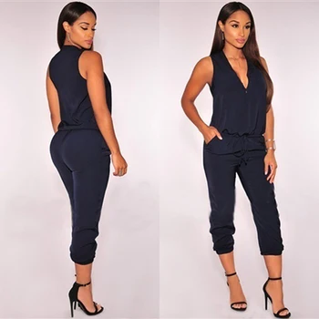 

New Women Summer Sexy V Neck Jumpsuit Long Pants Solid Rompers Women's Sleeveless One Piece Bodysuit Jumpsuit