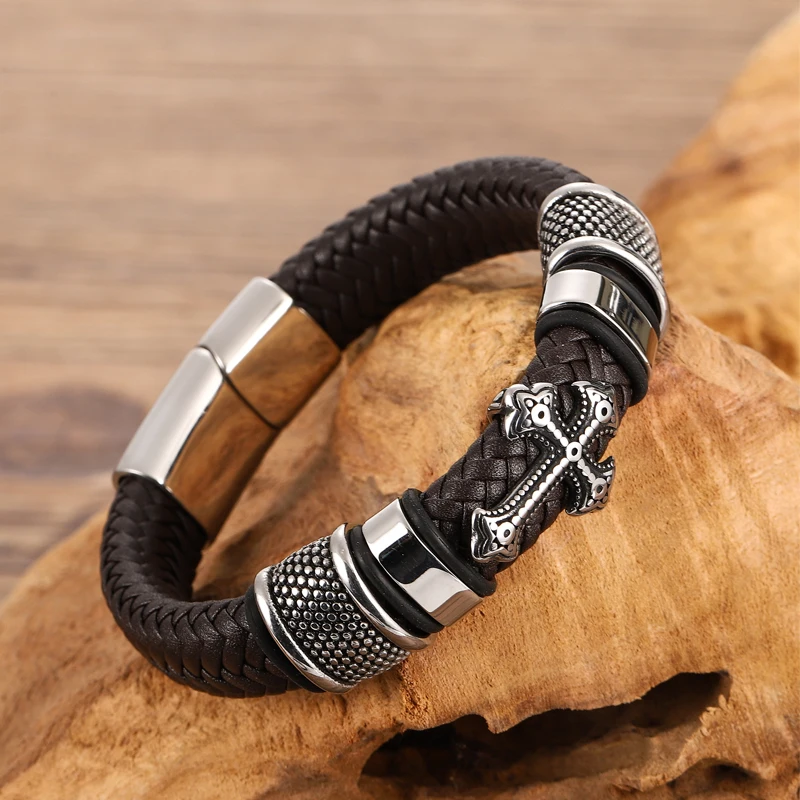 Stainless Steel Cross Bangles With Charms Chakra Men Black /Brwon Leather Bracelet Male Braided Multilayer Fashion Wholesale - Image 2